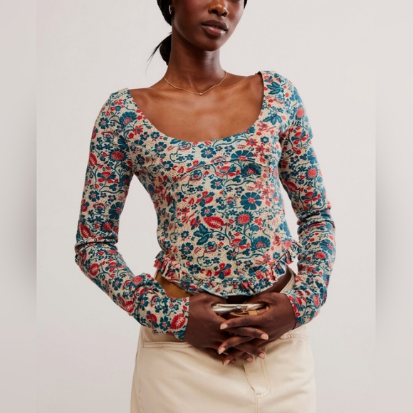 FREE PEOPLE Melanie Long Sleeve Top / Sand Combo - Picture 2 of 5